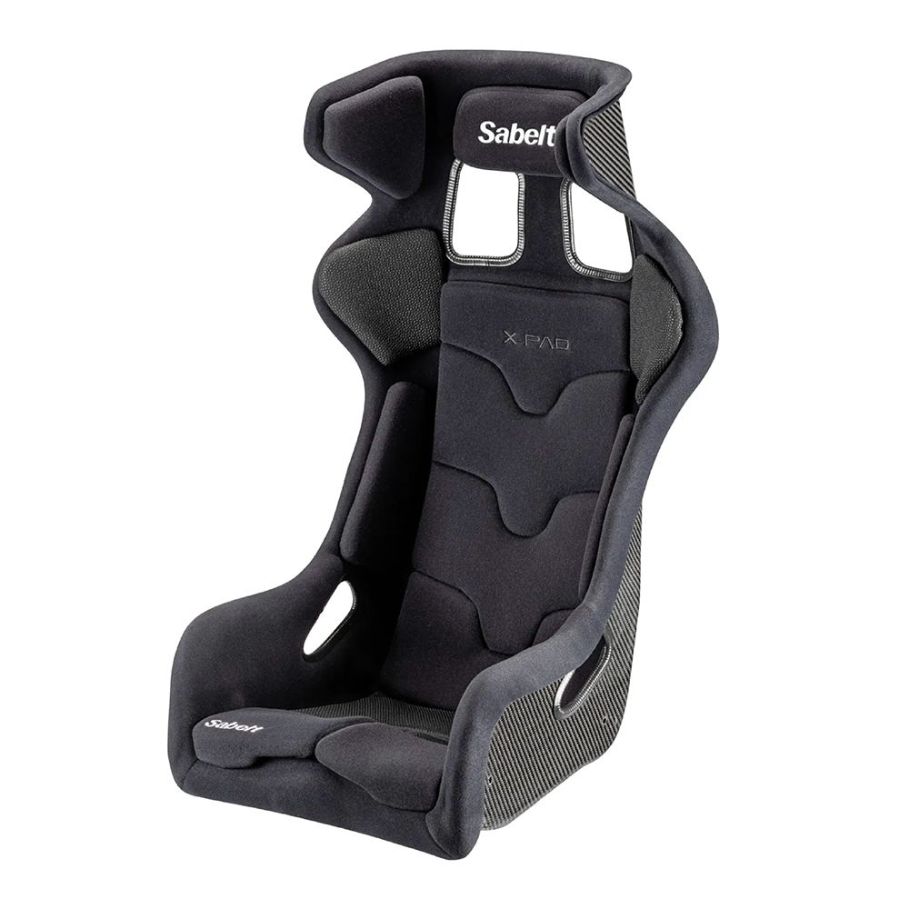 Sabelt X-PAD Carbon FIA motorsport racing seat with carbon fibre shell, front three-quarter view