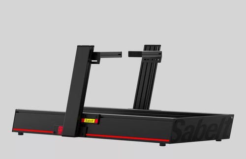 Sabelt P99 EVO I formula sim racing chassis, black aluminium profile frame with red trim, wheel and pedal uprights, shown without a seat
