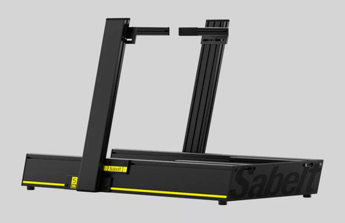 Sabelt S99 EVO I GT sim racing chassis, black aluminium profile frame with yellow trim, wheel and pedal uprights, shown without a seat