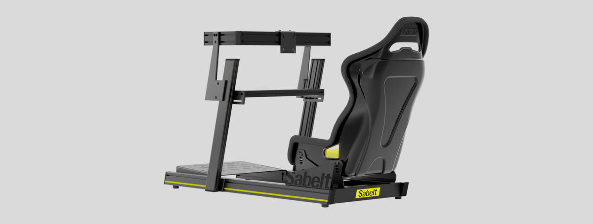 Sabelt SIM LITE GT sim racing chassis with an SRS-1 GT seat and monitor upright fitted, rear three quarter view