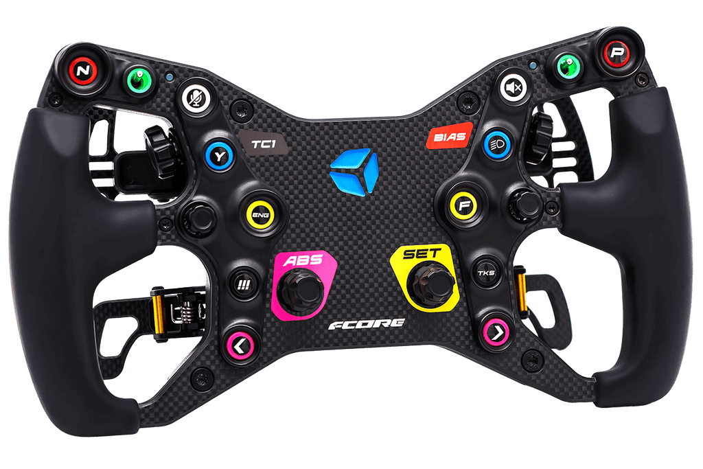 Cube Controls F-Core sim racing steering wheel angled view