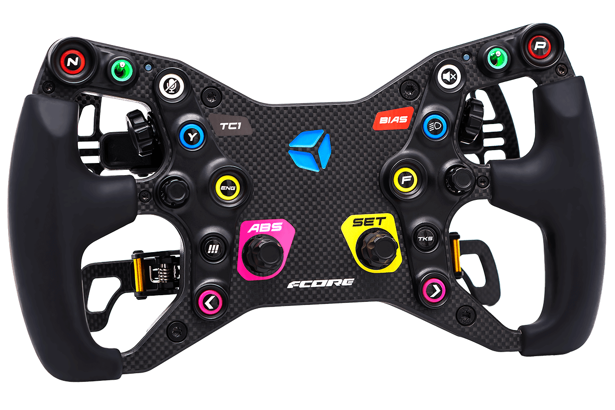 Cube Controls F-Core sim racing steering wheel angled view