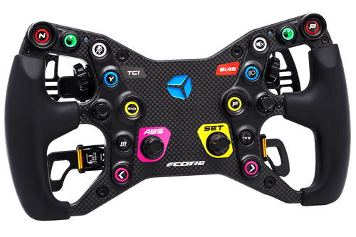 Cube Controls F-Core sim racing steering wheel angled view