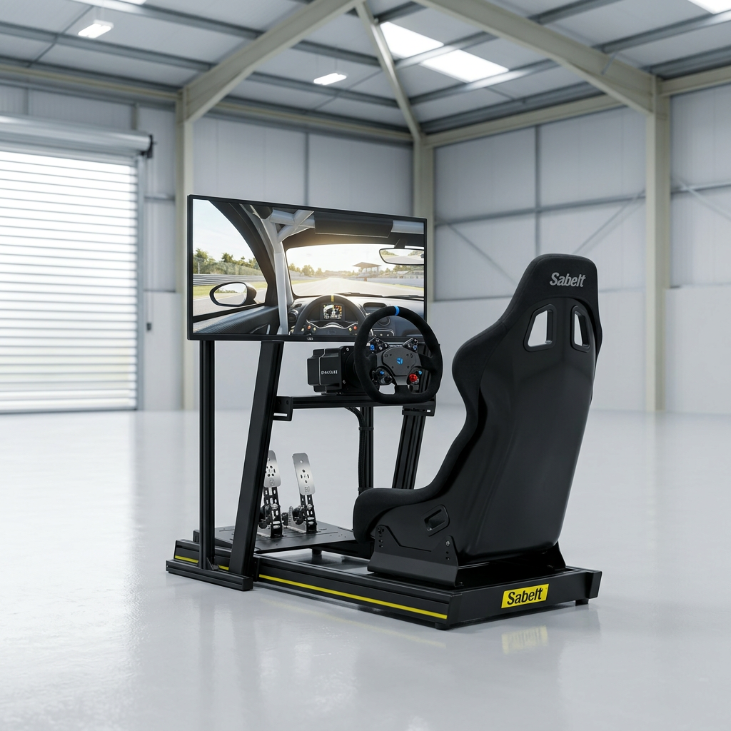 TPS Grid entry level turnkey sim racing simulator with Sabelt cockpit, direct drive wheelbase, two pedal set and single flat monitor in a clean racing warehouse