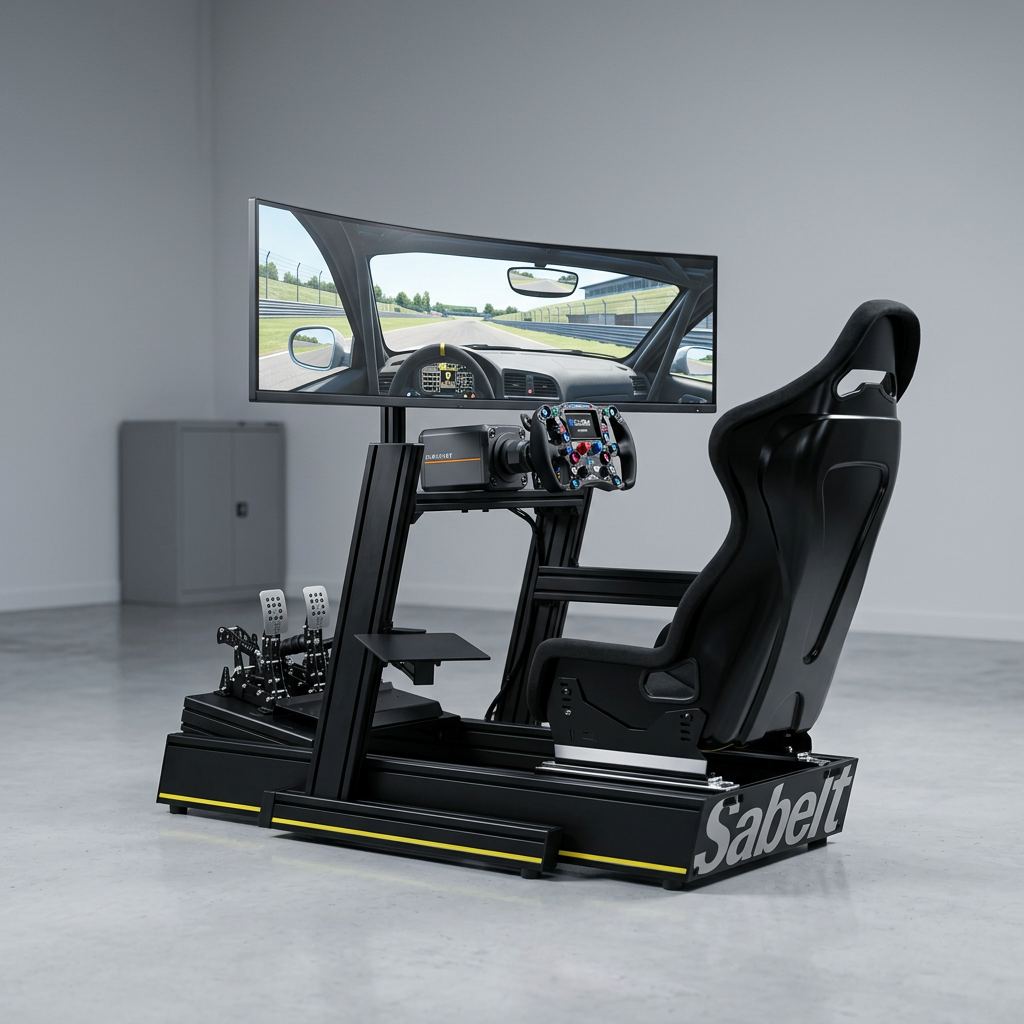 TPS Hotlap turnkey sim racing simulator with Sabelt cockpit, direct drive wheelbase, three pedal set and single curved ultrawide display