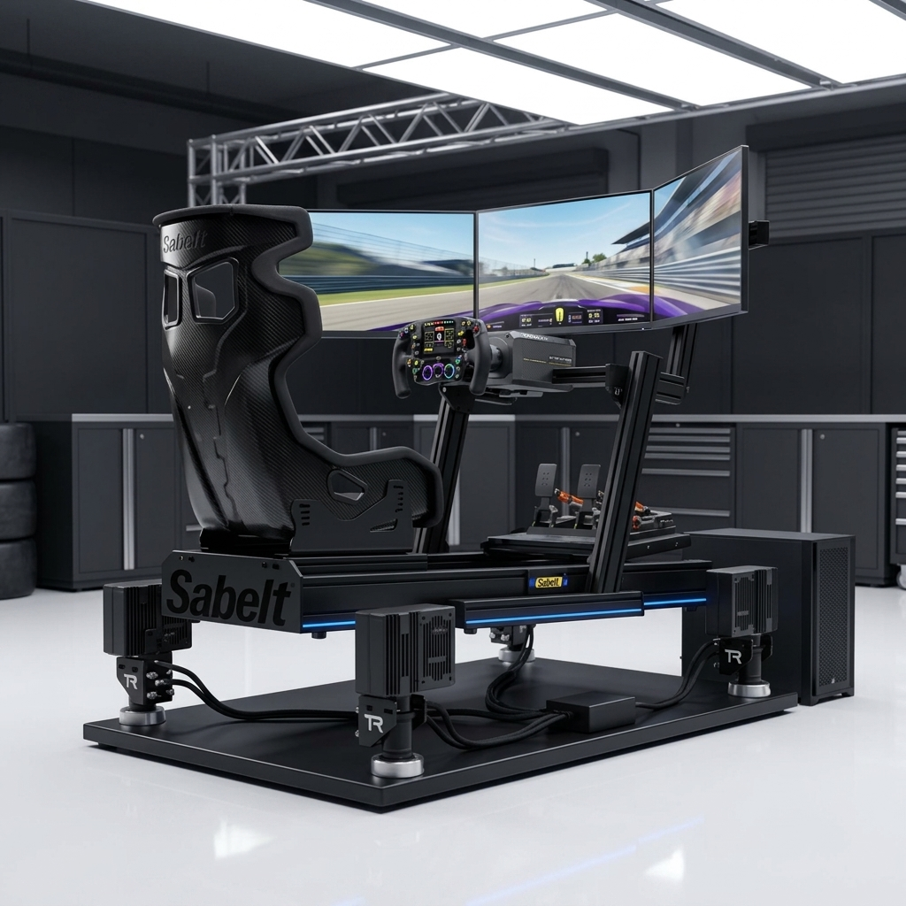 TPS Podium turnkey sim racing simulator with Sabelt cockpit, direct drive wheelbase, formula wheel and four corner motion actuators